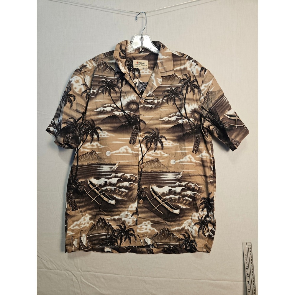 Royal Hawaiian Creations Mens Large Brown Scenic Tiki Palm Tree Aloha Shirt L
